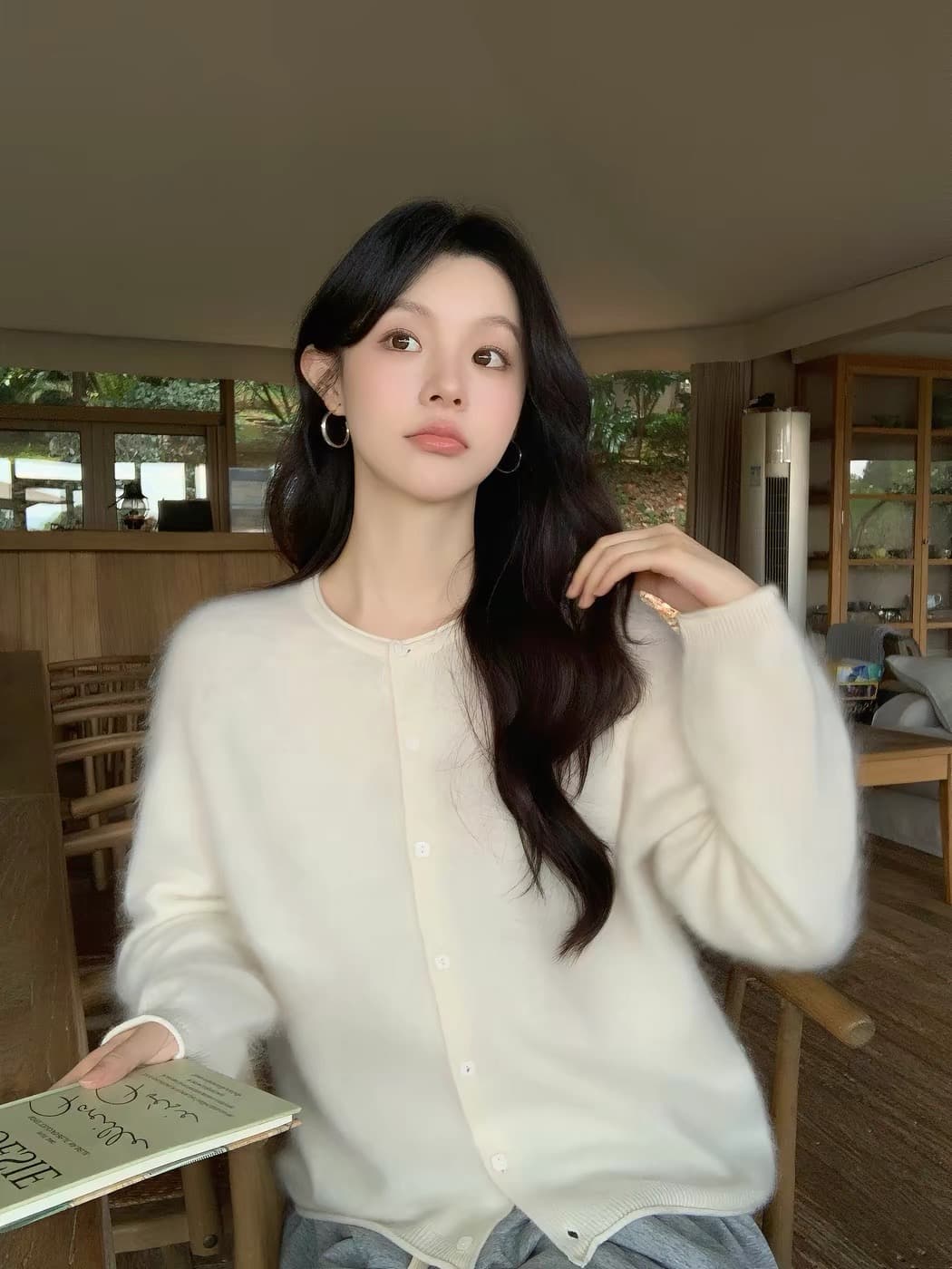 2026 새로운 양모 벌룬 소매 니트 오픈 가디건 여성 라운드 넥 볼륨 측면에 의류 상세 이미지 1