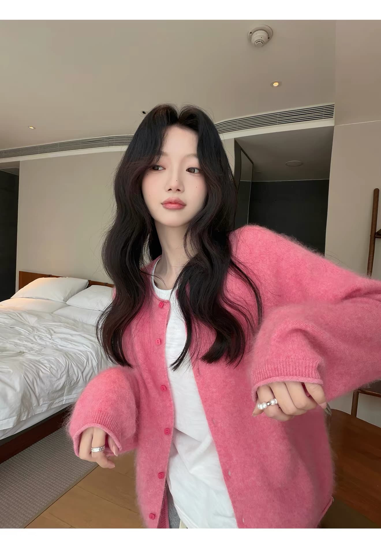 2026 새로운 양모 벌룬 소매 니트 오픈 가디건 여성 라운드 넥 볼륨 측면에 의류 상세 이미지 3