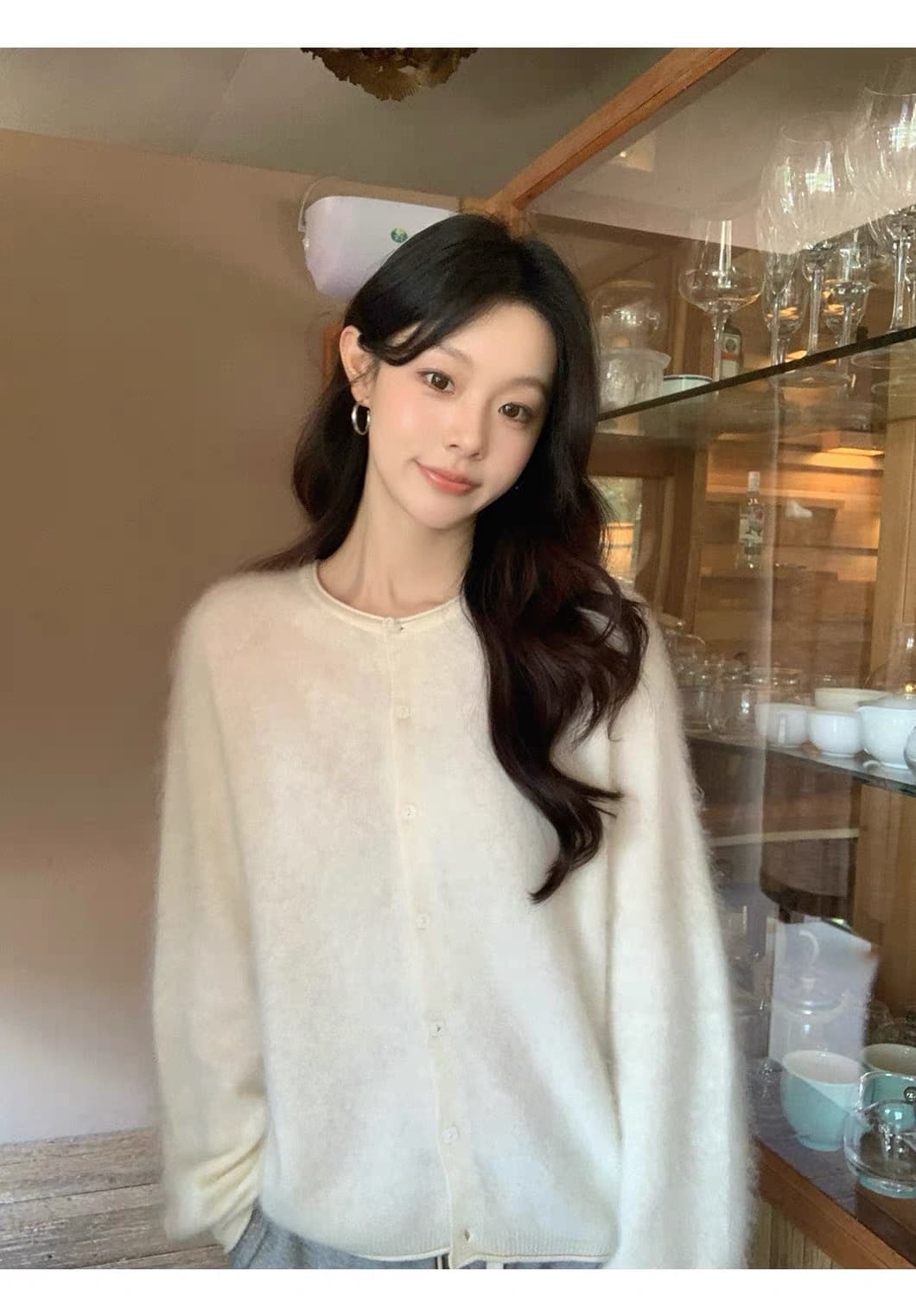 2026 새로운 양모 벌룬 소매 니트 오픈 가디건 여성 라운드 넥 볼륨 측면에 의류 상세 이미지 5