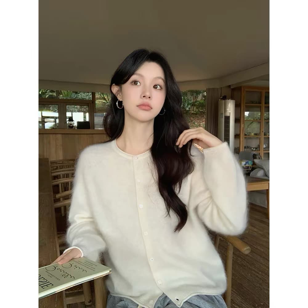 2026 새로운 양모 벌룬 소매 니트 오픈 가디건 여성 라운드 넥 볼륨 측면에 의류 상세 이미지 12