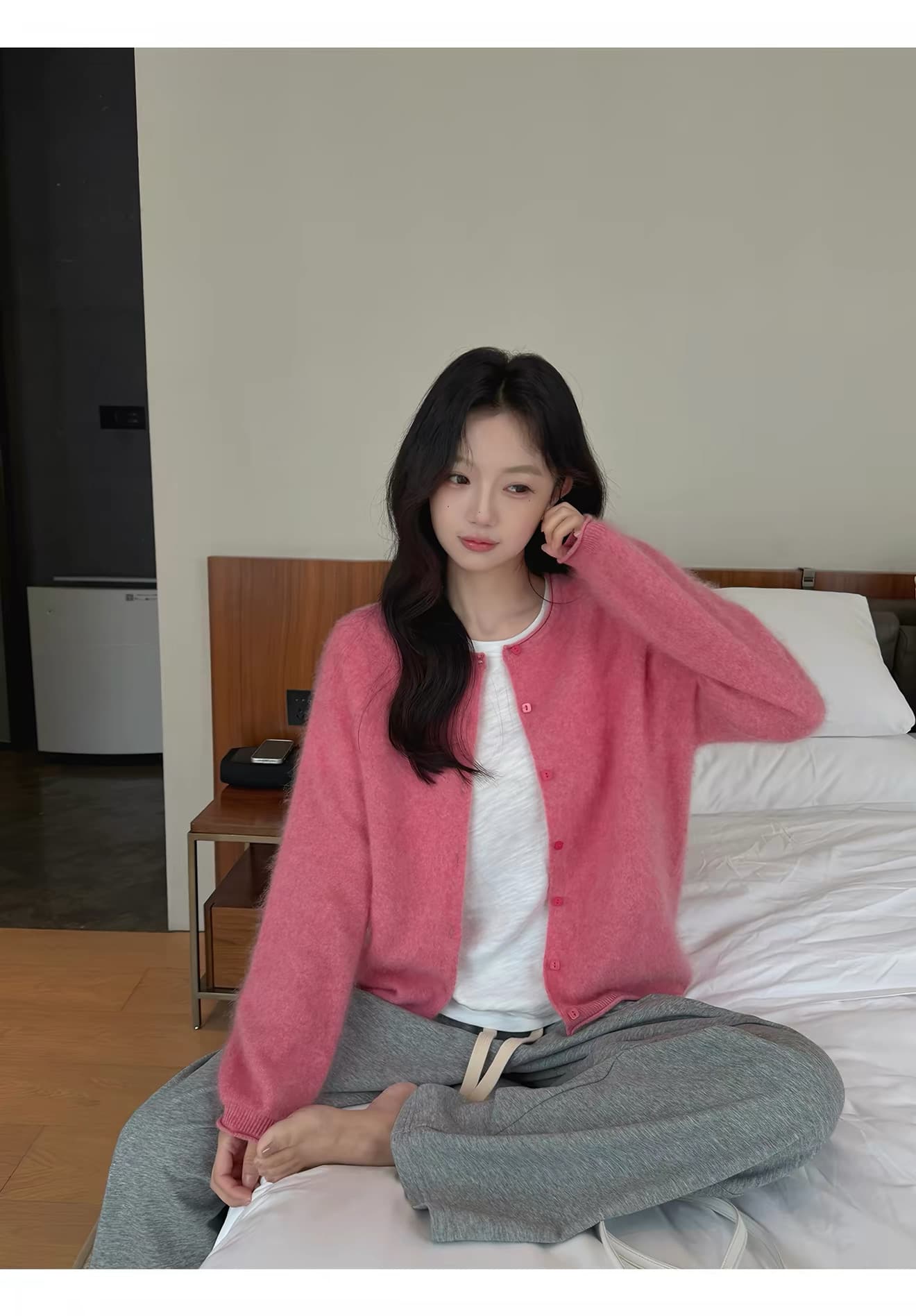 2026 새로운 양모 벌룬 소매 니트 오픈 가디건 여성 라운드 넥 볼륨 측면에 의류 상세 이미지 13