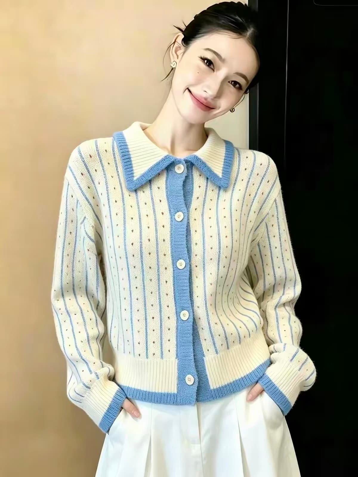 2026 새로운 세로 줄무늬 스웨터 오픈 가디건 니트 가을 겨울 재킷 느긋한 느슨함 센스 상세 이미지 2