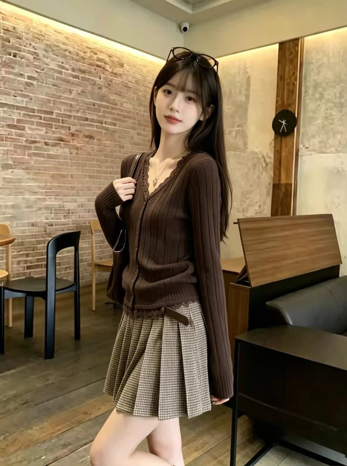 프랑스식 오트밀 색상 레이스 조각 V넥 니트 오픈 가디건 여성 가을 겨울 고급 센스 품격 몸매 가꾸기 기본 셔츠 맨위 상세 이미지 8