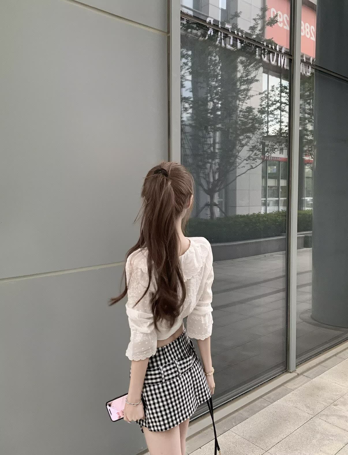 폭발 오류 부서 작은 흰색 꽃 맨위 하운드투스 체크 치마바지 세트 상세 이미지 1