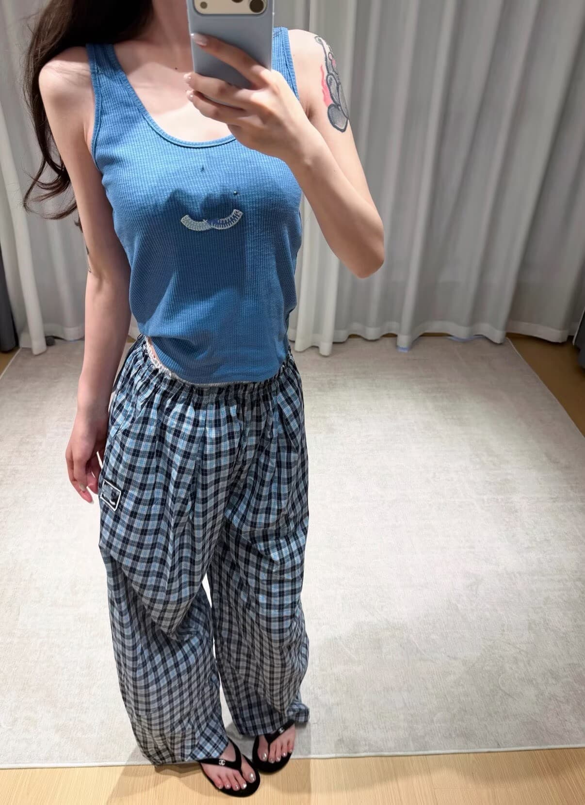 폭발 알파벳 조끼 체크무늬 캐주얼 와이드 레그 팬츠 세트