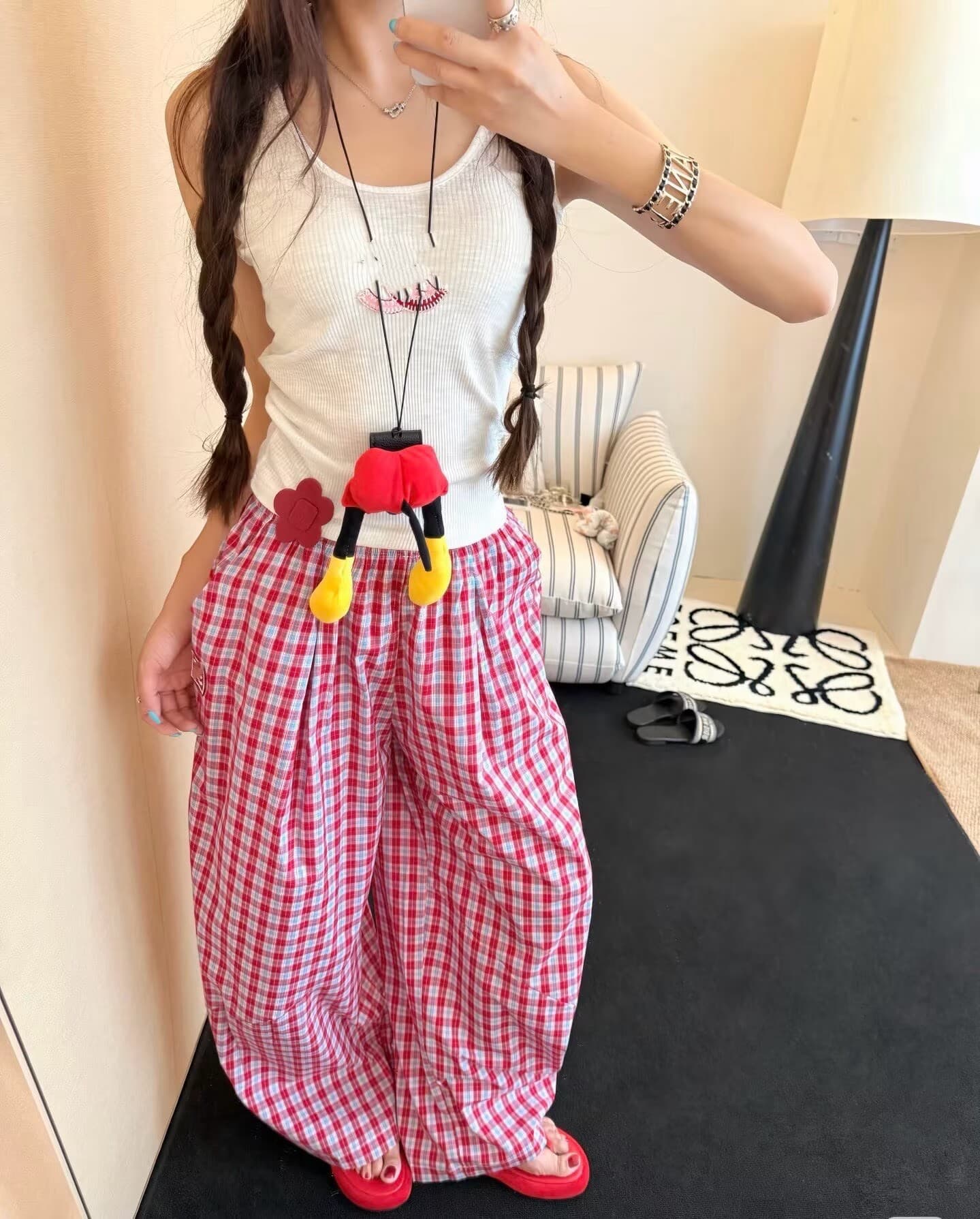 폭발 작은 샤넬 스타일 조끼 체크무늬 와이드 레그 팬츠 세트 이미지 2