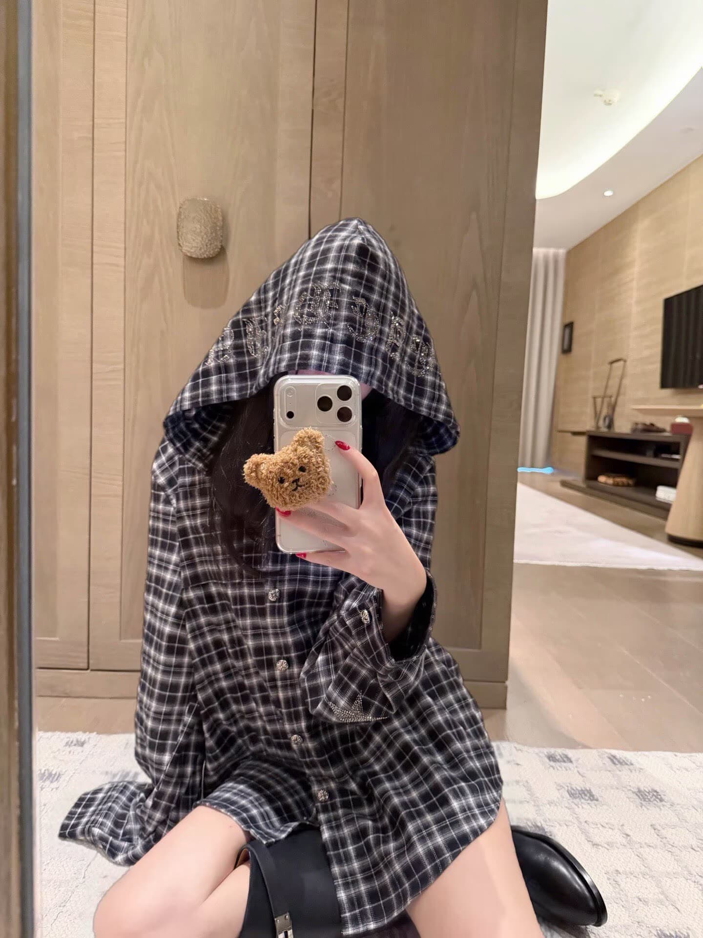 폭발 무거운 작업 핫픽스 알파벳 체크무늬 후드 재킷 상세 이미지 1