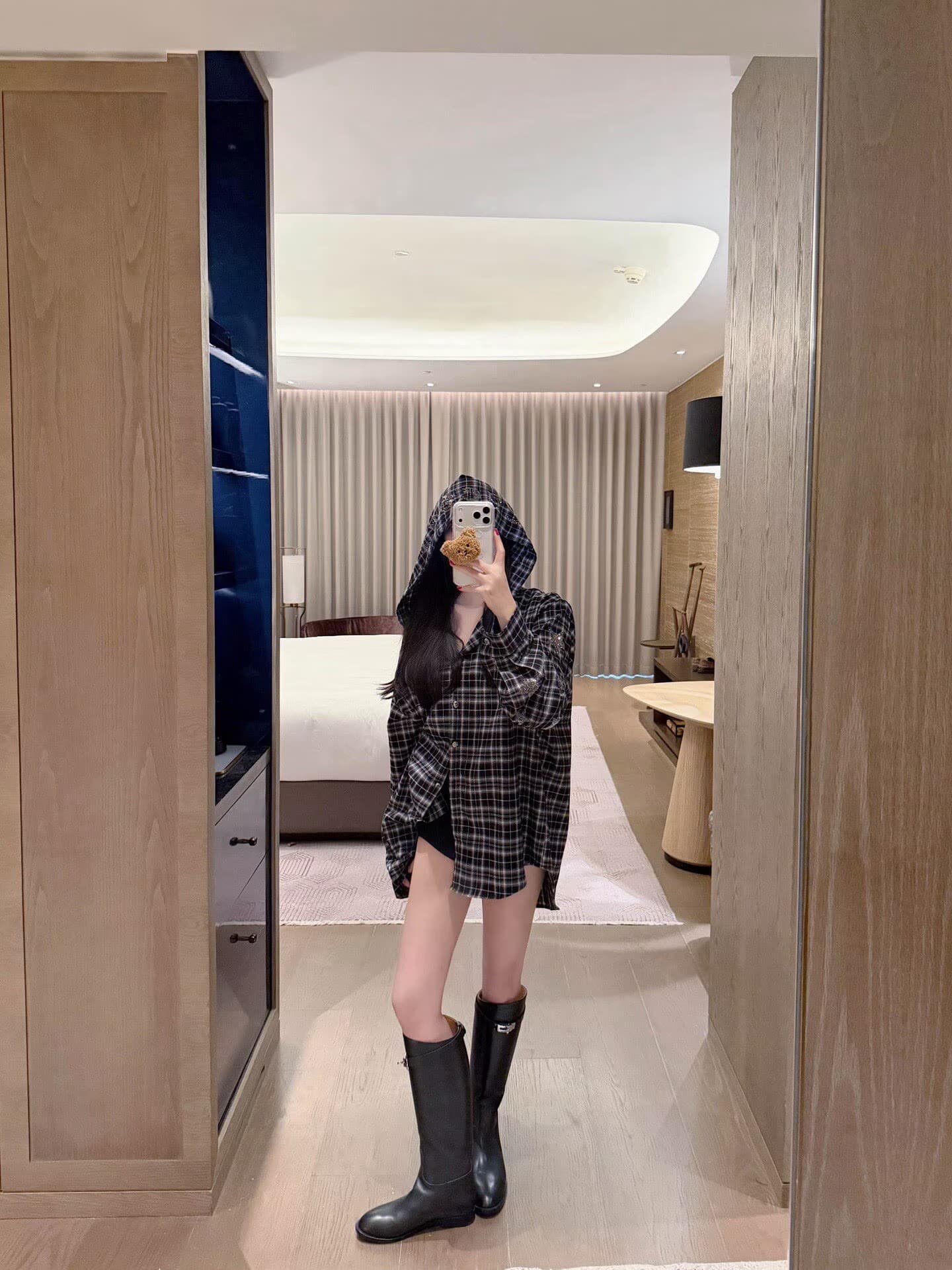 폭발 무거운 작업 핫픽스 알파벳 체크무늬 후드 재킷 상세 이미지 2