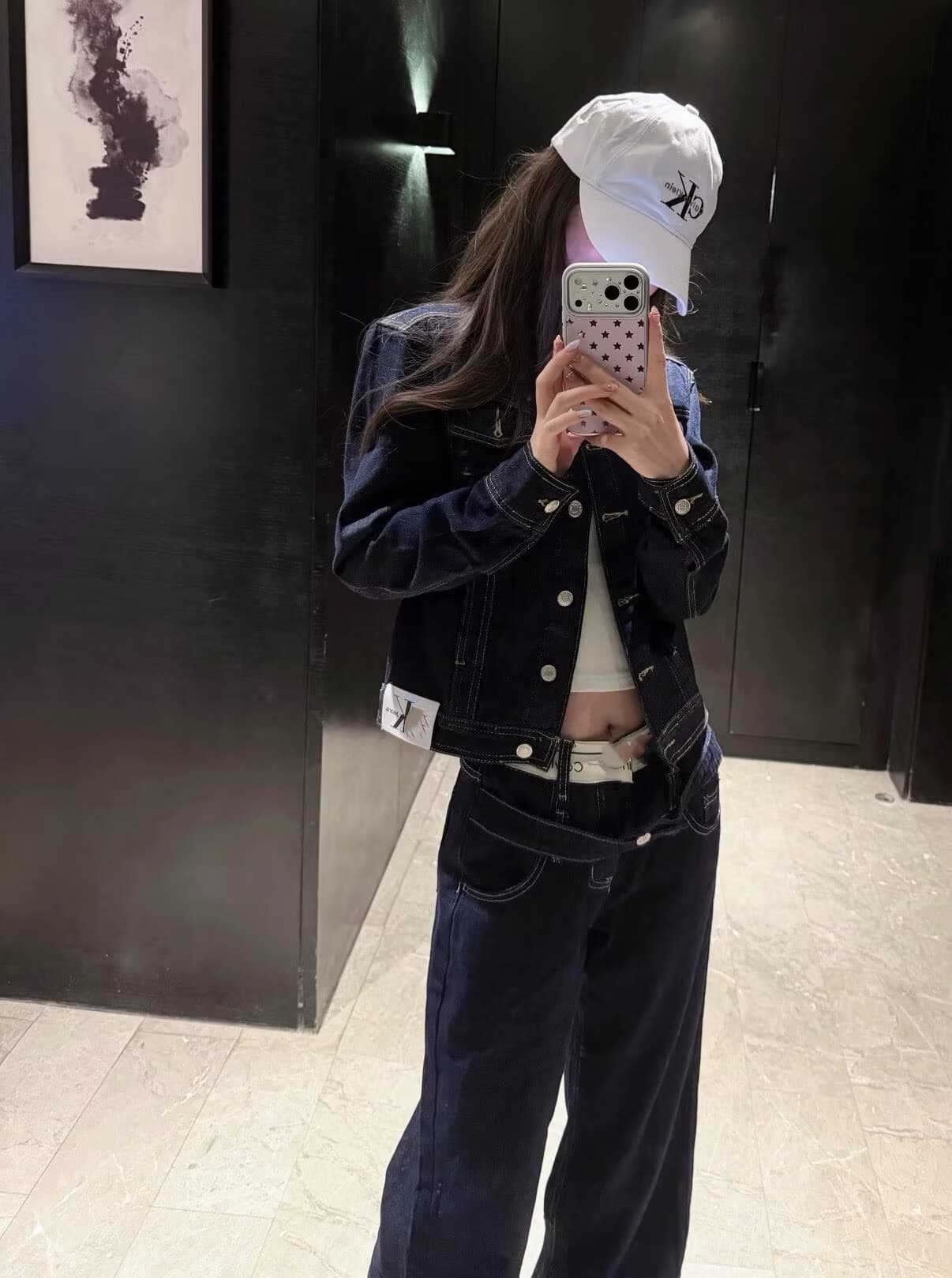 폭발 허리 머리 알파벳 질감 데님 와이드 레그 팬츠 상세 이미지 4