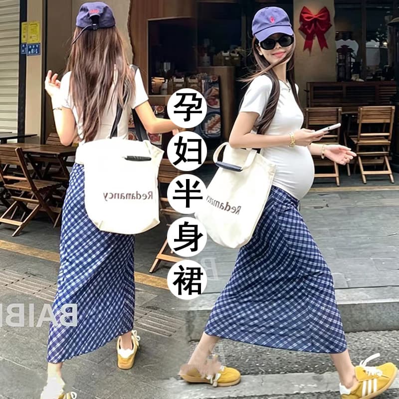 지금 임산부 여름 새로운 높음 폭탄 체크무늬 다용도 반신 스커트 이미지 2