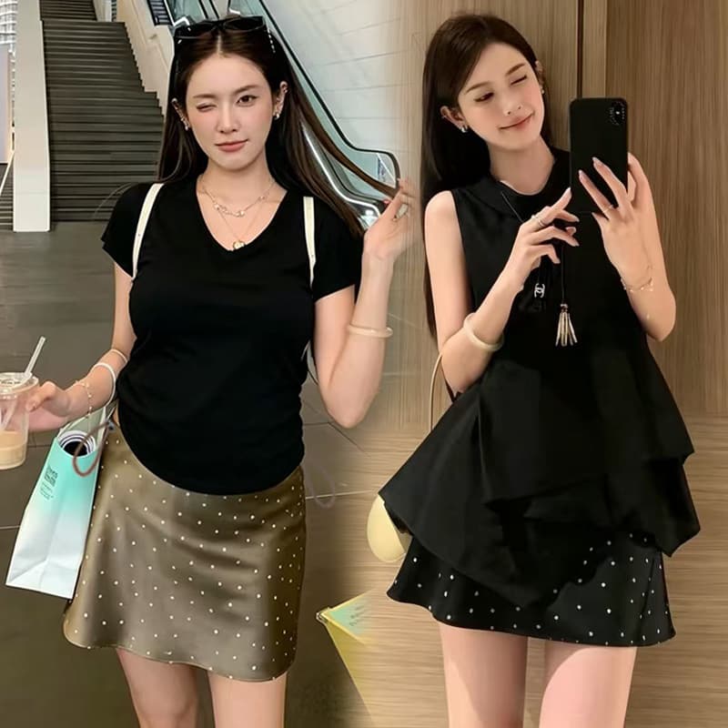 지금 임산부 여름 새로운 도트 무늬 새틴 한 마디 반신 스커트 이미지 3