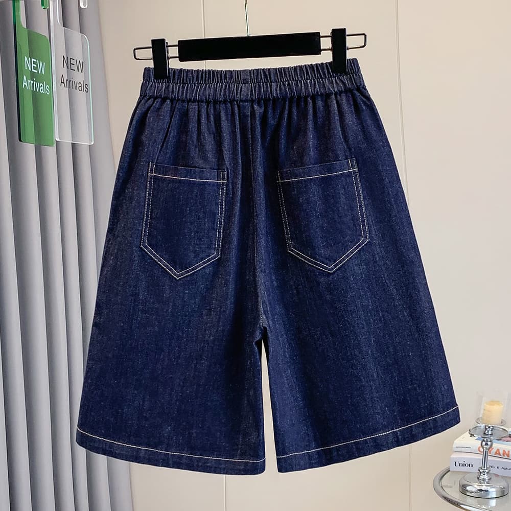 실사 여름 새로운 빅 사이즈 가짜 두 조각 데님 캐주얼 5 점 바지 지방 mm 허리밴드 넓은 다리 디자인 센스 바지 이미지 3
