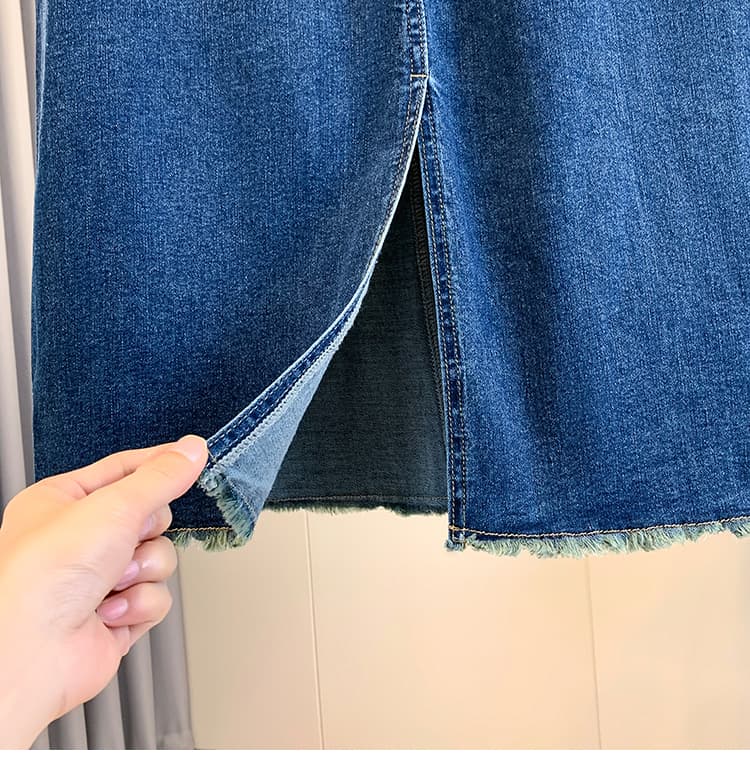 실사 이른 가을 여름 섹션 얇은 스타일 지방 mm 빅 사이즈 여성 의류 한국 스타일 레트로 하이웨이스트 다용도 슬림해 보이는 데님 반신 스커트 상세 이미지 16