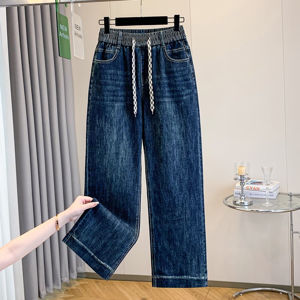 실사 가을 새로운 빅 사이즈 청바지 여성 좁은 에디션 와이드 레그 팬츠 지방 mm 바지 루즈핏 스트레이트 하이웨이스트 허리밴드
