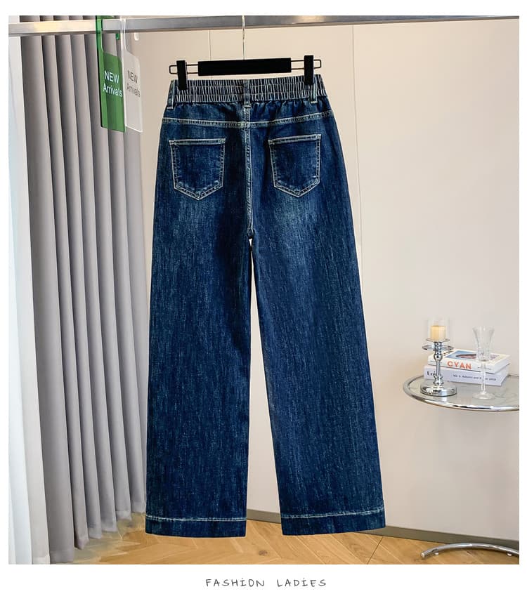 실사 가을 새로운 빅 사이즈 청바지 여성 좁은 에디션 와이드 레그 팬츠 지방 mm 바지 루즈핏 스트레이트 하이웨이스트 허리밴드 상세 이미지 11