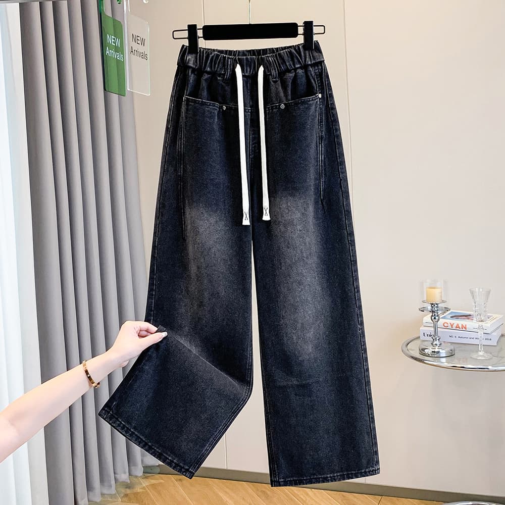 실사 가을 새로운 허리밴드 빅 사이즈 청바지 여성 지방 mm 와이드 에디션 표지 고기 슬림해 보이는 스트레이트 바닥 청소 바지
