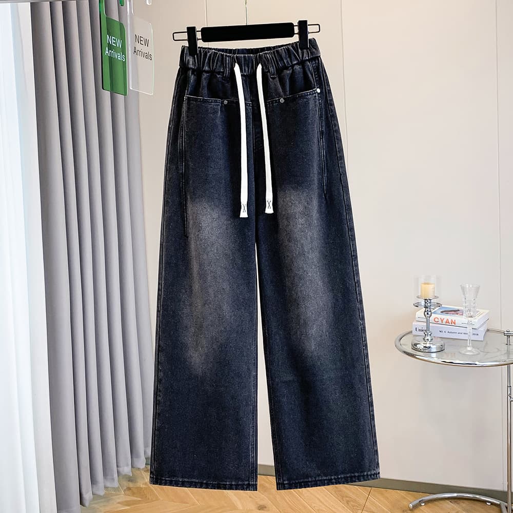 실사 가을 새로운 허리밴드 빅 사이즈 청바지 여성 지방 mm 와이드 에디션 표지 고기 슬림해 보이는 스트레이트 바닥 청소 바지 이미지 2
