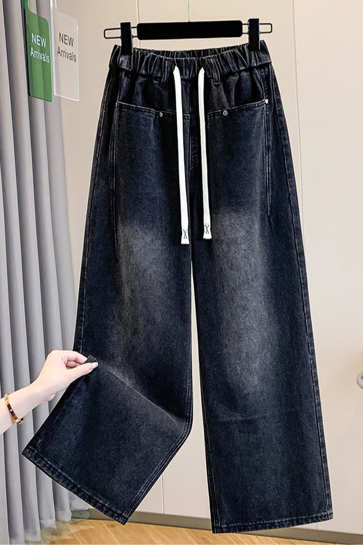 실사 가을 새로운 허리밴드 빅 사이즈 청바지 여성 지방 mm 와이드 에디션 표지 고기 슬림해 보이는 스트레이트 바닥 청소 바지 이미지 6
