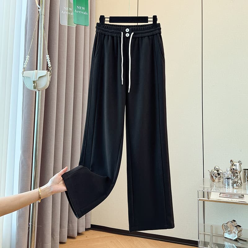 실사 빅 사이즈 통통한 여동생 봄 새로운 허리밴드 캐주얼 바지 스트레이트 모직 정장 바지 이미지 4