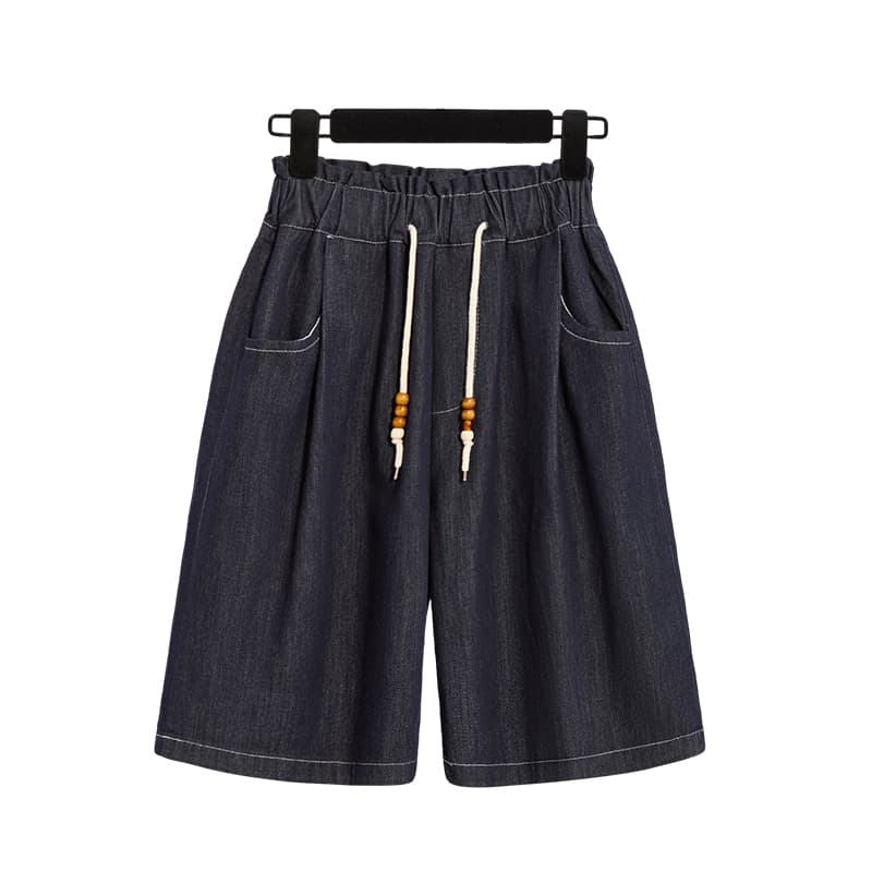 실사 빅 사이즈 여름 새로운 한국 스타일 예약하기 섹션 허리밴드 국방 탈색 신축성 청바지 5 점 스트레이트 팬츠 이미지 5
