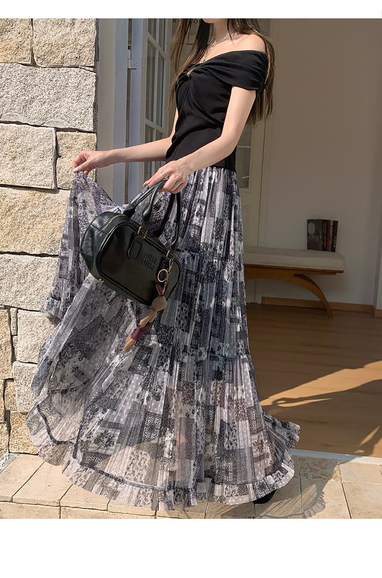 레트로 프린트 도루 센스 반신 스커트 여성 2026 봄 새로운 한 마디 플리츠 스커트 인기 품격 큰 진자 롱 스커트 상세 이미지 37