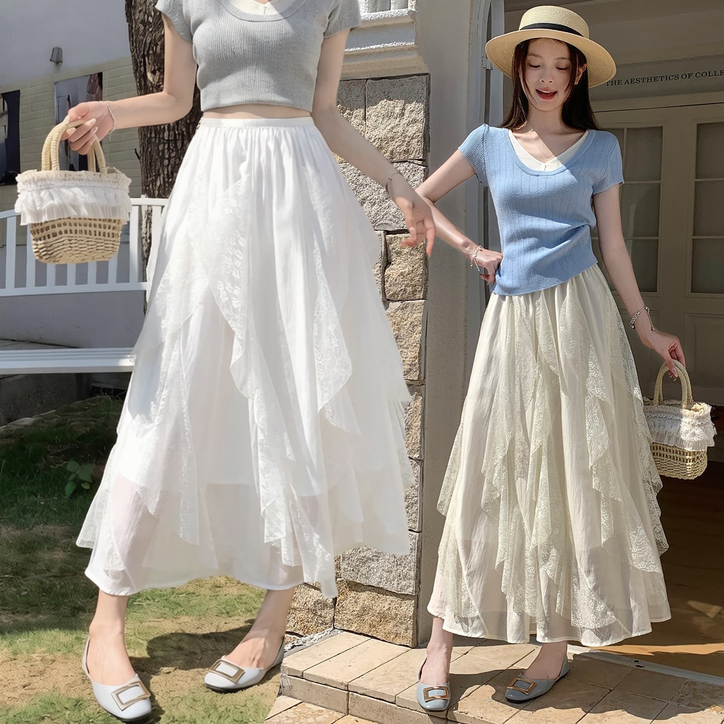 프랑스식 프릴 레이스 한 마디 반신 스커트 여성 봄 여름 새로운 화이트 불규칙 케이크 드레스 요정 롱 스커트 이미지 5