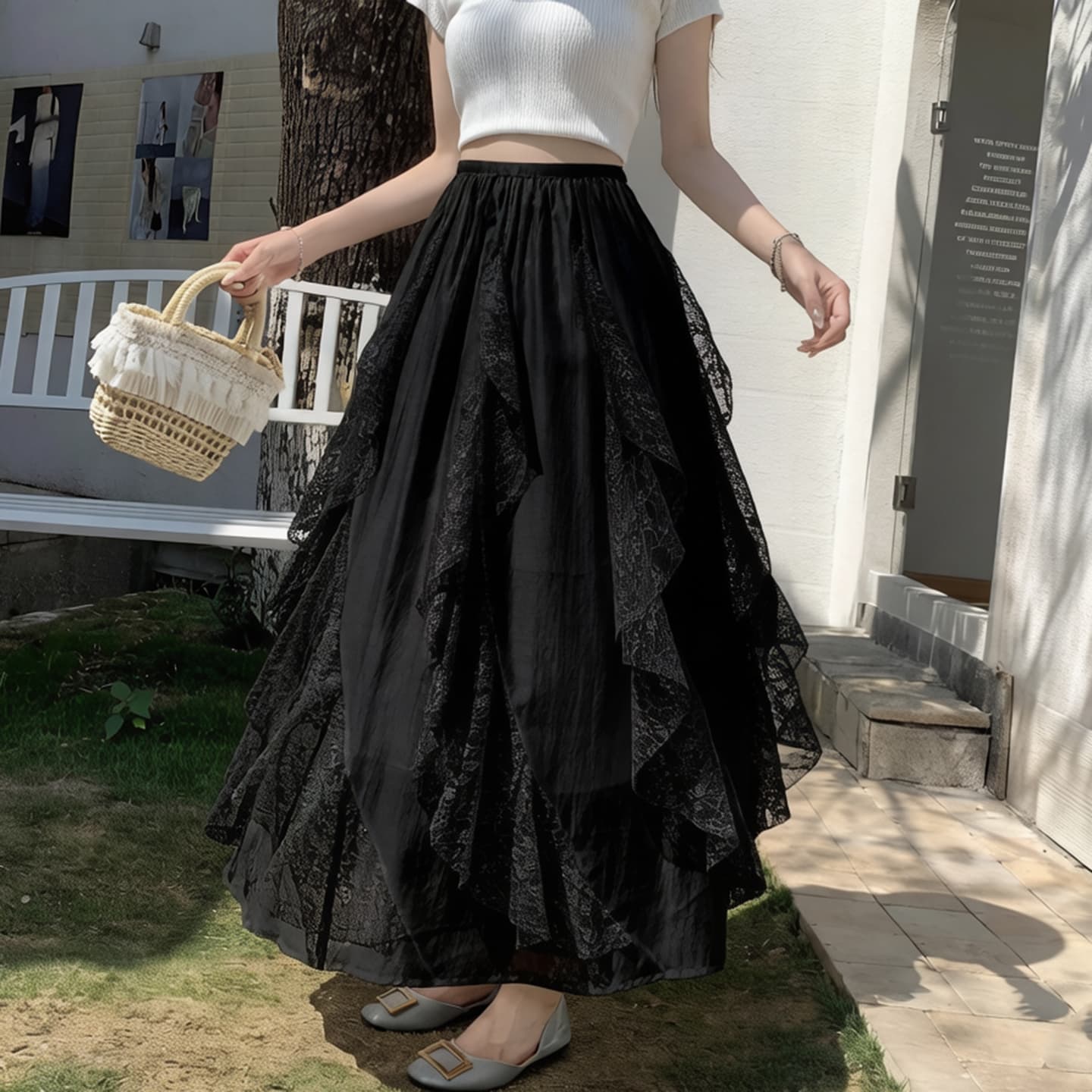 프랑스식 프릴 레이스 한 마디 반신 스커트 여성 봄 여름 새로운 화이트 불규칙 케이크 드레스 요정 롱 스커트 이미지 4