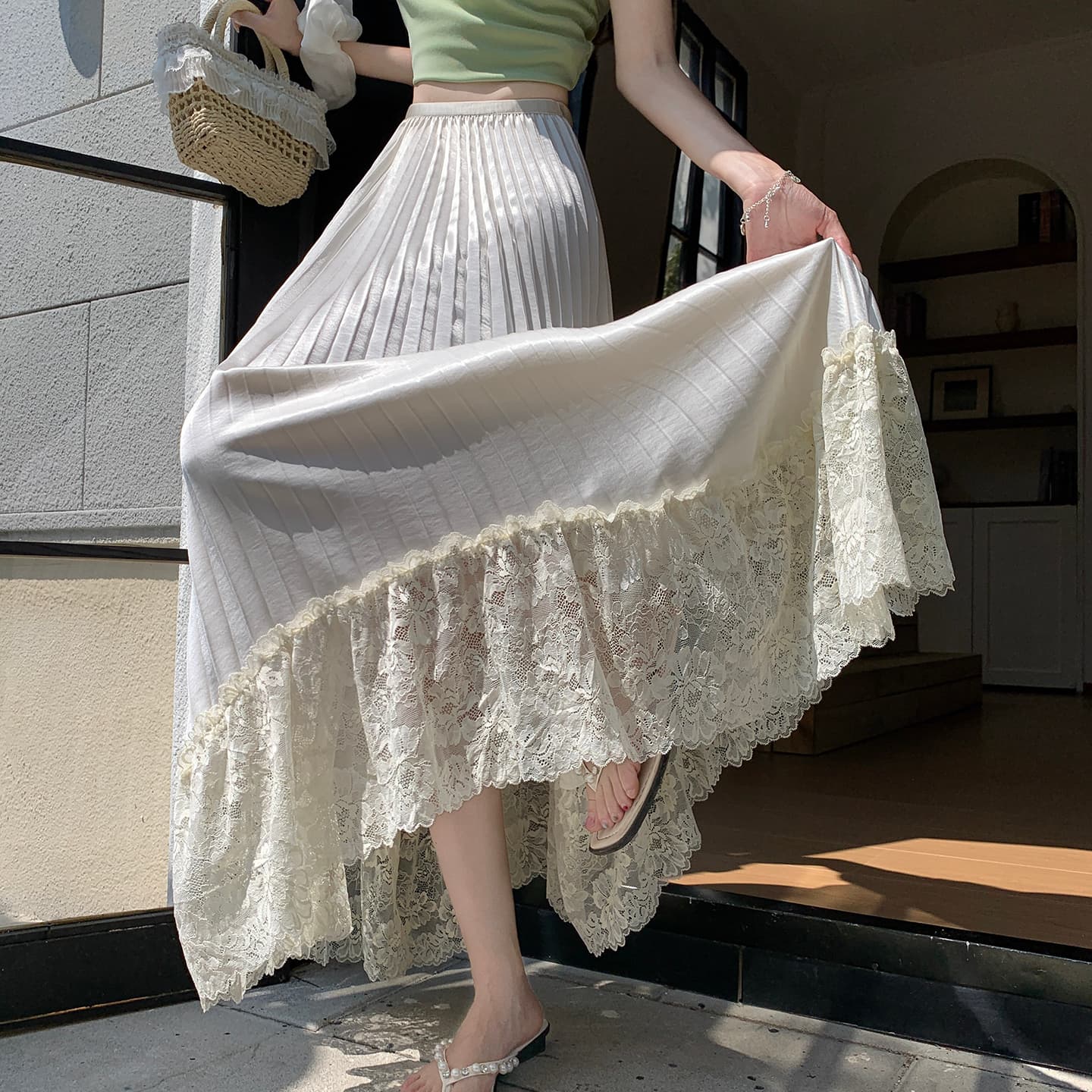 프랑스식 새틴 압력 접기 철자 레이스 반신 스커트 여성 허리밴드 플리츠 큰 진자 불규칙 롱 스커트 이미지 5