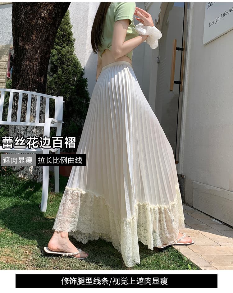 프랑스식 새틴 압력 접기 철자 레이스 반신 스커트 여성 허리밴드 플리츠 큰 진자 불규칙 롱 스커트 상세 이미지 7
