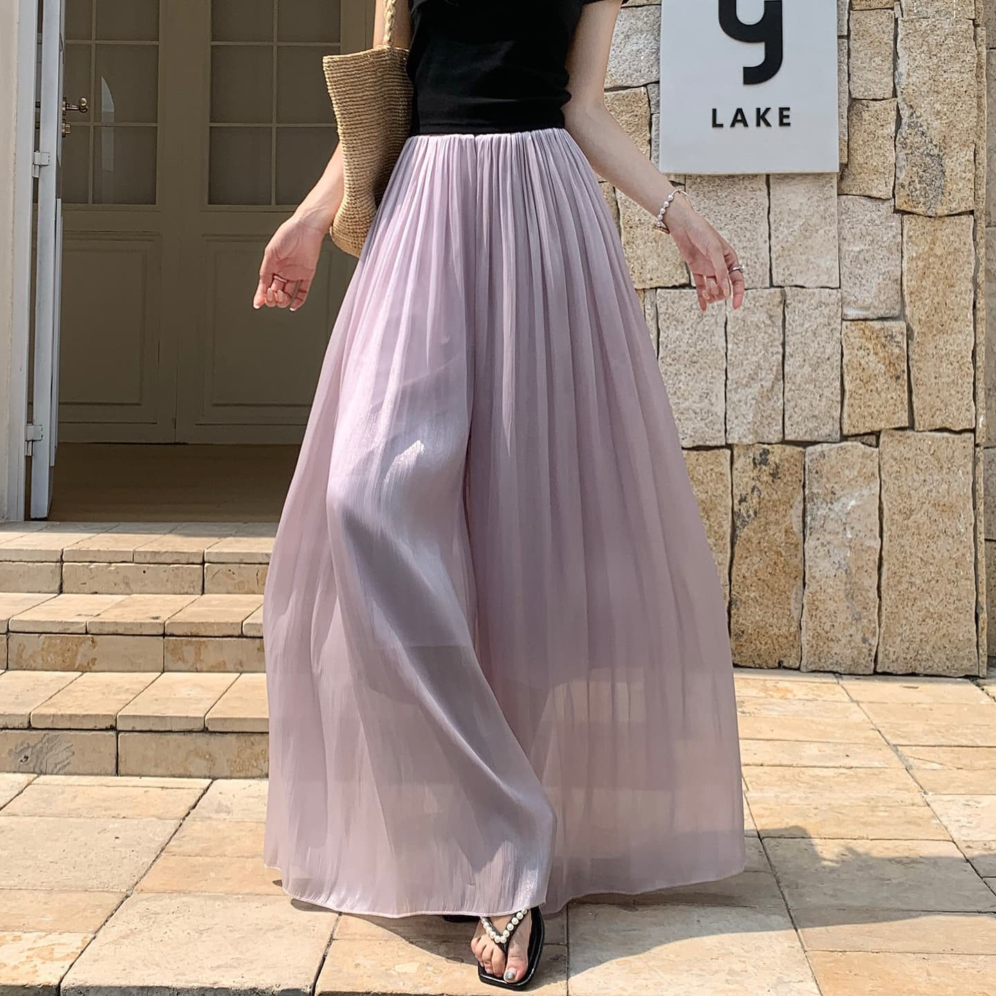 깃발 실 얼음 실크 와이드 레그 팬츠 치마 여성 여름 얇은 스타일 2026 새로운 하이웨이스트 슬림해 보이는 쉬폰 치마바지 이미지 3