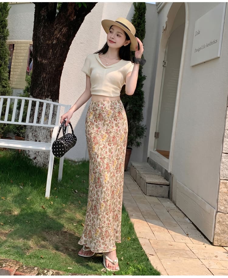 한 부서 품격 꽃무늬 반신 스커트 여성 여름 표지 넓적 다리 슬림해 보이는 도루 센스 한 마디 타이트 스커트 쉬폰 인어 꼬리 길다 치마 상세 이미지 21
