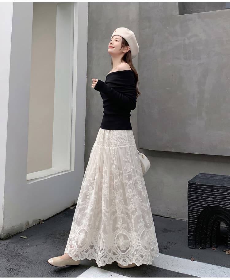 레이스 레이스 망사 반신 스커트 여성 가을 얇은 스타일 하이웨이스트 슬림해 보이는 품격 캐주얼 큰 진자 A라인 스커트 길다 치마 상세 이미지 28