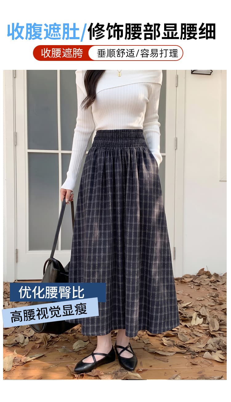 레트로 문예 체크무늬 반신 스커트 여성 조기 가을 밴딩 명중 가져 가라. 하이웨이스트 큰 진자 한 마디 표지 넓적 다리 슬림해 보이는 체크 스커트 상세 이미지 3