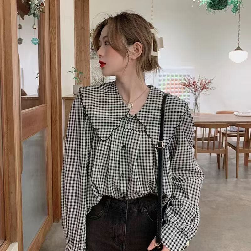 봄 가을 프랑스식 작은 대중 프릴 베이비 칼라 셔츠 여성 긴 소매 맨위 통통한 여동생 숨기기 고기 표지 배 셔츠 이미지 2