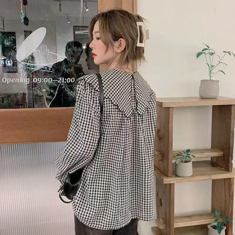 봄 가을 프랑스식 작은 대중 프릴 베이비 칼라 셔츠 여성 긴 소매 맨위 통통한 여동생 숨기기 고기 표지 배 셔츠 상세 이미지 2