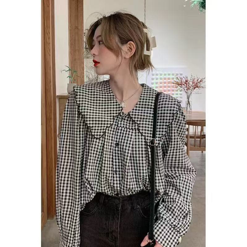 봄 가을 프랑스식 작은 대중 프릴 베이비 칼라 셔츠 여성 긴 소매 맨위 통통한 여동생 숨기기 고기 표지 배 셔츠 상세 이미지 3