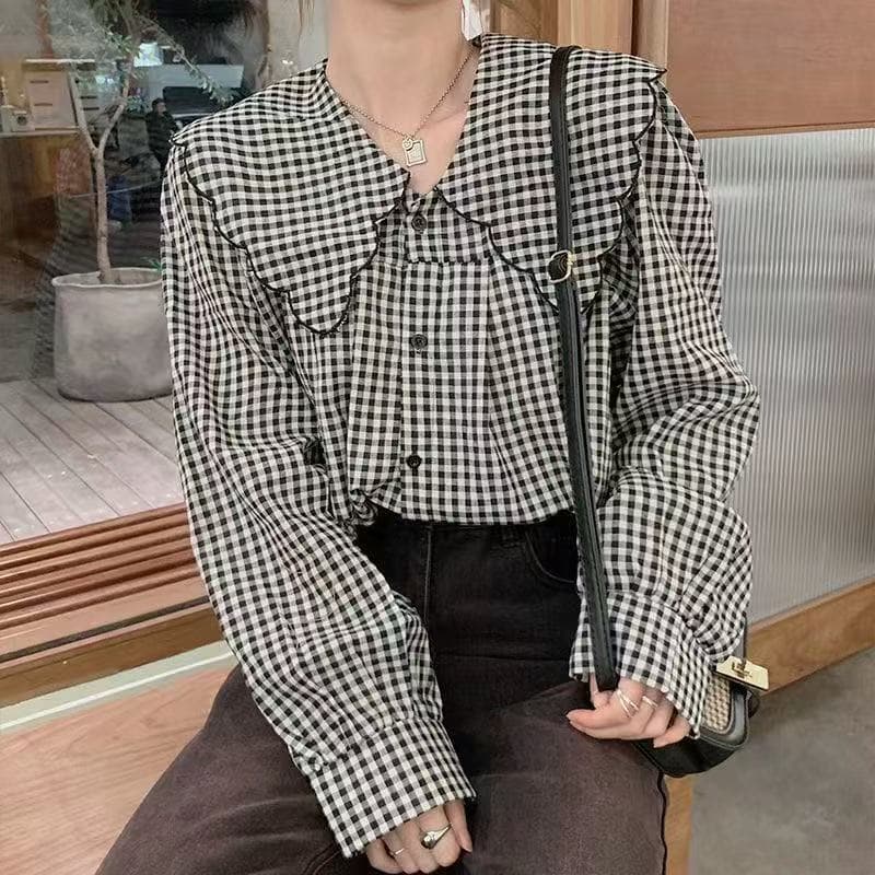봄 가을 프랑스식 작은 대중 프릴 베이비 칼라 셔츠 여성 긴 소매 맨위 통통한 여동생 숨기기 고기 표지 배 셔츠 상세 이미지 4