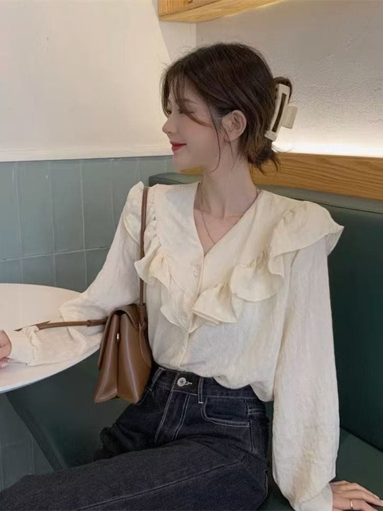 프릴 V넥 살구 색상 긴팔 여성 셔츠 가을 디자인 센스 작은 대중 프랑스식 부드러운 바람 슈퍼 요정 품격 맨위 이미지 3