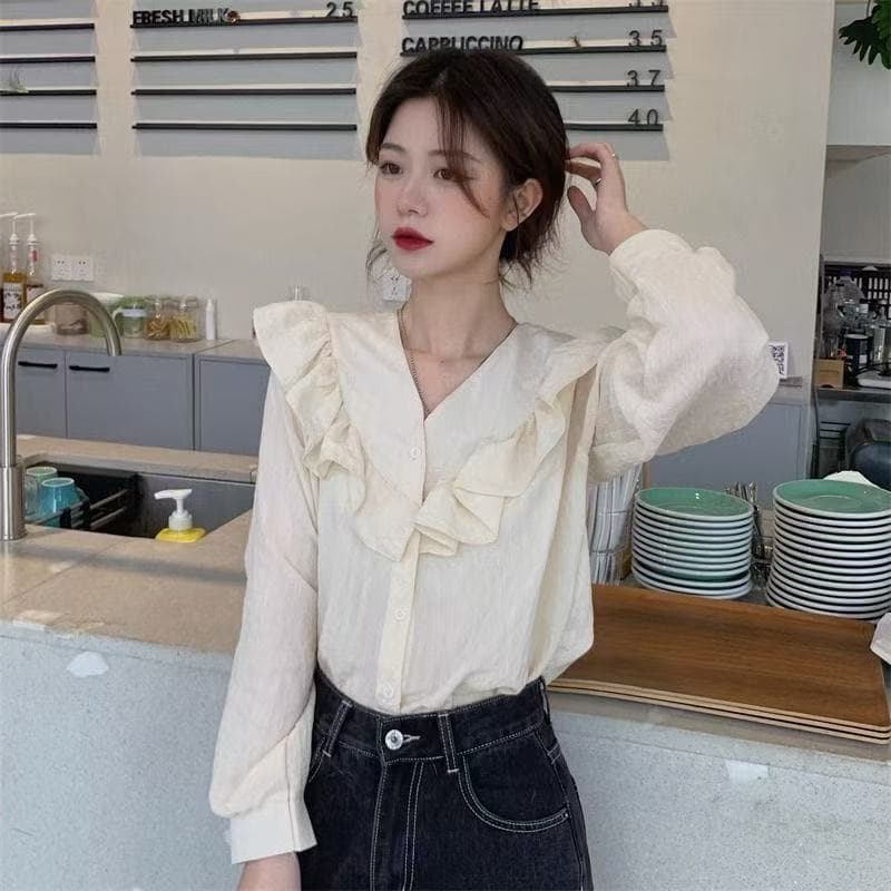 프릴 V넥 살구 색상 긴팔 여성 셔츠 가을 디자인 센스 작은 대중 프랑스식 부드러운 바람 슈퍼 요정 품격 맨위 이미지 5