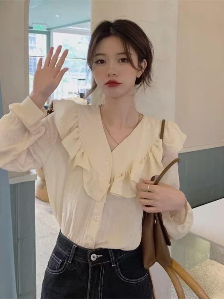 프릴 V넥 살구 색상 긴팔 여성 셔츠 가을 디자인 센스 작은 대중 프랑스식 부드러운 바람 슈퍼 요정 품격 맨위 상세 이미지 5