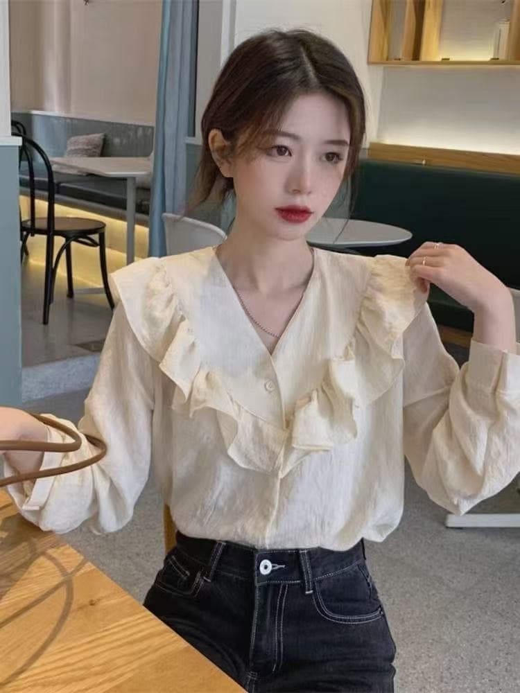 프릴 V넥 살구 색상 긴팔 여성 셔츠 가을 디자인 센스 작은 대중 프랑스식 부드러운 바람 슈퍼 요정 품격 맨위 상세 이미지 6