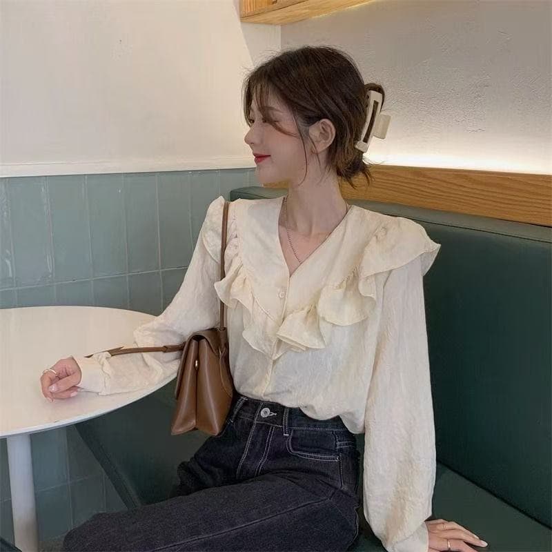 프릴 V넥 살구 색상 긴팔 여성 셔츠 가을 디자인 센스 작은 대중 프랑스식 부드러운 바람 슈퍼 요정 품격 맨위 상세 이미지 7