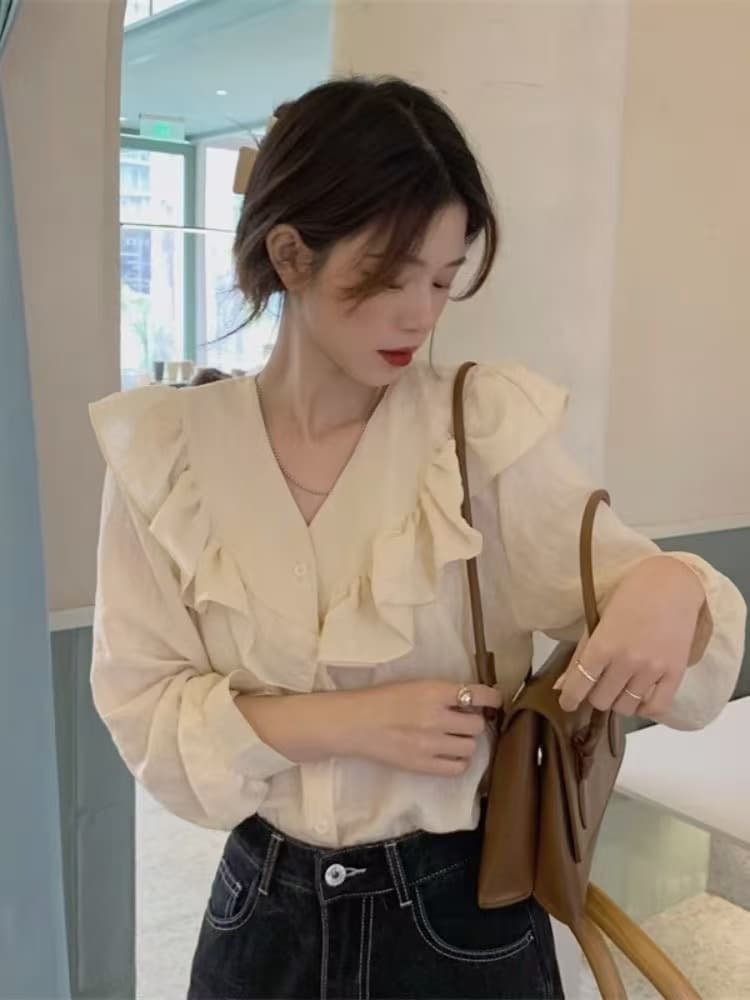 프릴 V넥 살구 색상 긴팔 여성 셔츠 가을 디자인 센스 작은 대중 프랑스식 부드러운 바람 슈퍼 요정 품격 맨위 상세 이미지 9