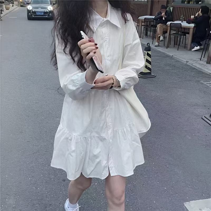 2026 가을 의상 새로운 작은 키 프랑스식 화이트 드레스 아이들 디자인 센스 작은 대중 긴팔 한 마디 셔츠 드레스 이미지 2