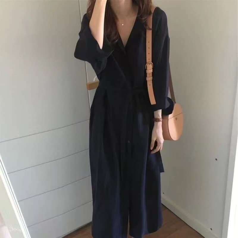 레이스업 셔츠 드레스 여성 단색 치마 2026 봄 새로운 한국 스타일 루즈핏 학생 프랑스식 명문 여성 드레스 트렌디 상세 이미지 7