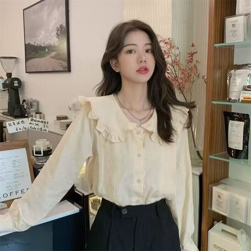 새로운 가을 긴팔 한국 스타일 루즈핏 프랑스식 디자인 센스 작은 대중 인형 셔츠 맨위 셔츠 이미지 5