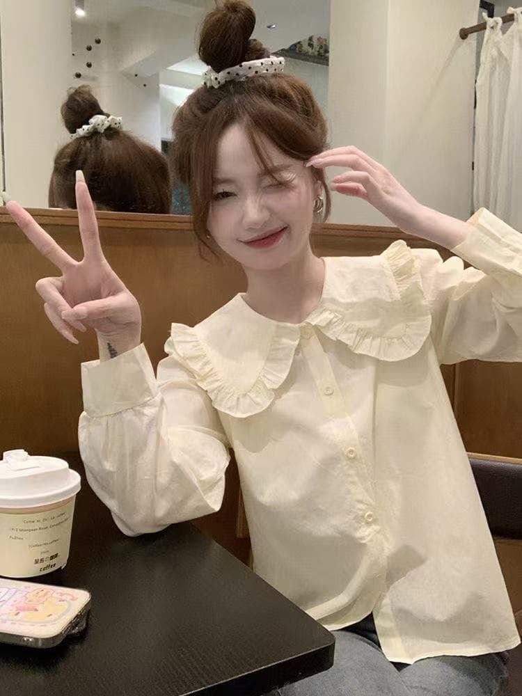새로운 가을 긴팔 한국 스타일 루즈핏 프랑스식 디자인 센스 작은 대중 인형 셔츠 맨위 셔츠 상세 이미지 14