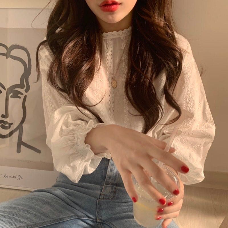 2026 순면 한국 ins 달콤함 부서 소녀 작은 청신 연령 감소 레이스 자카드 랜턴 긴팔 맨위 상세 이미지 9