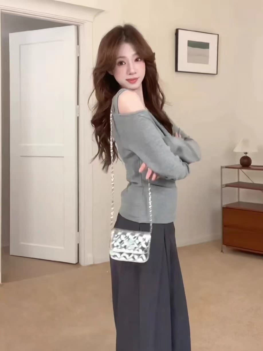 사람들 면 270 그램 한 부서 회색 비스듬한 칼라 오프숄더 긴팔 티셔츠 여성 가을 몸매 가꾸기 슬림해 보이는 인사이드 잡아라. 의류 상세 이미지 16