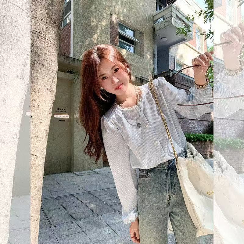 2026 새로운 프랑스식 Chic 봄 가을 빅 사이즈 스트라이프 표지 고기 긴팔 셔츠 디자인 레이스 연령 감소 맨위 이미지 5